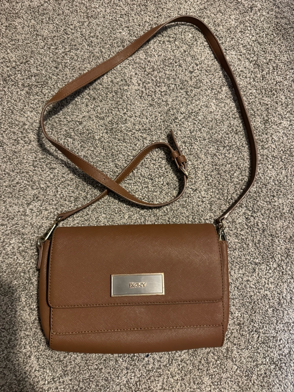 DKNY Chestnut Brown Saffiano Crossbody with Gold Plaque